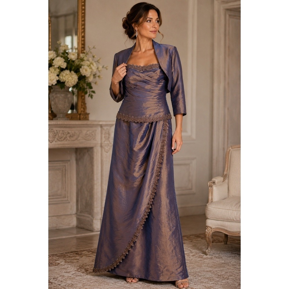 Montage Mon Cheri Sz 6 Purple Beaded Evening Gown Dress Set Jacket Wedding Event